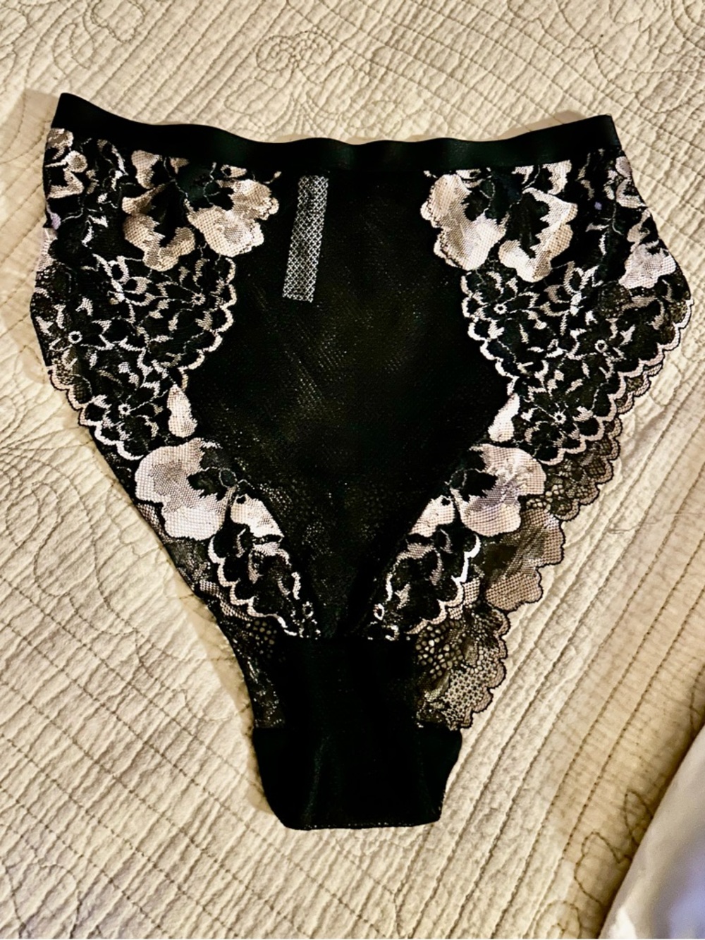 Auden Black High-Waist Lace Briefs with White Floral Embroidery